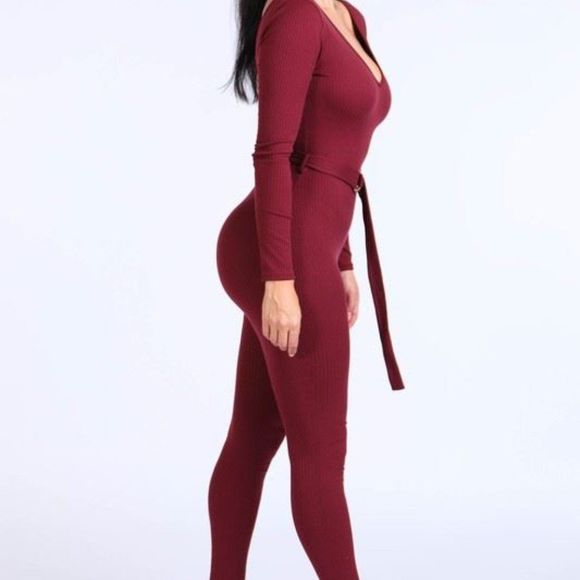 Burgundy Ribbed Knit Deep U Bodysuit - Picture 3 of 3